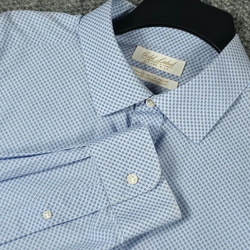 VTG Roundtree& Yorke Gold Label Slim Fit Mens Shirt Light Blue Geometric 17.5 35